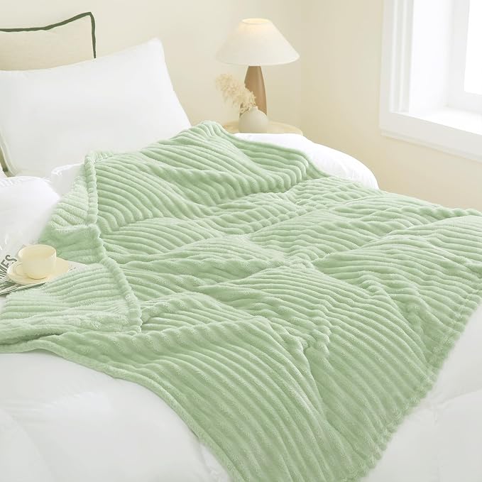 Cream Green Fleece Throw Blanket 50”×60” for Couch Sofa Livingroom | Super Soft Cozy Plush Microfiber Flannel Bed Blanket Striped Design Lightweight Home Decor Gifts for Adults Mom Women