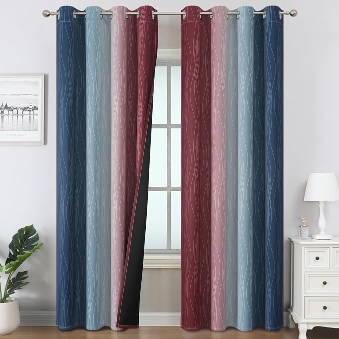 Navy Blue and Burgundy Red Ombre Blackout Curtains for Bedroom 84 Inch Long | Estelar Textiler Room Darkening Curtains for Living Room,Energy Saving,Thermal Insulated Grommet Window Drapes,52x84,2 Panels