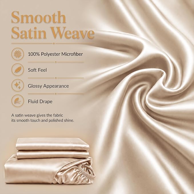 CozyLux Satin Sheets Full, 6-Piece 14-Inch Deep Pocket Sheet Set | OEKO-TEX Certified Silky Soft Sheet Set for Hair & Skin, Luxurious Silky-Smooth Satin for Elegant Bedroom Decor, Champagne