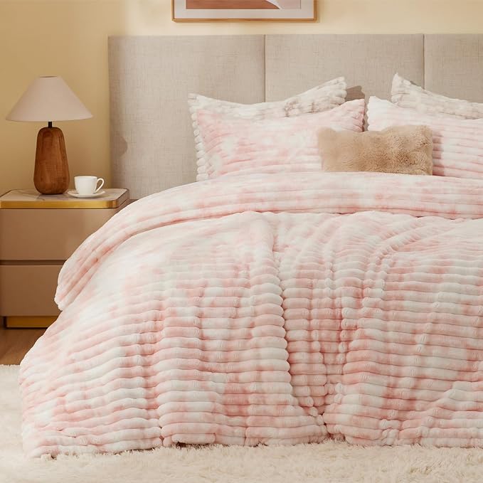 BEDELITE Fleece Twin/Twin XL Comforter Set, Fluffy Bed Set, Pink&White | Super Soft & Warm Bedding, Luxury Fuzzy Faux Fur Comforter for Winter, Heavy Plush Bedding, with 1 Pillowcase
