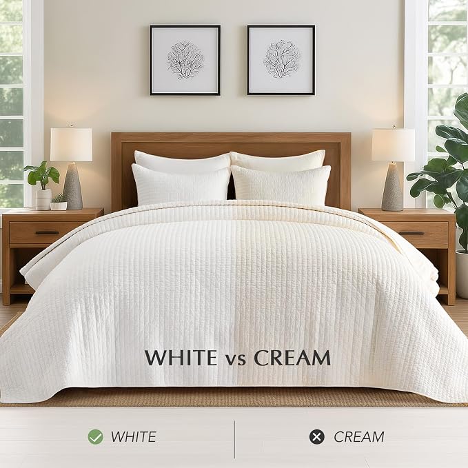 100% Cotton Cross Stitch 3-Piece Quilt, 118"x106", Bright White | Cross Stitch Cotton Quilt, Pre-Washed Bedding Set, Oversized Lightweight Bedspread Coverlet, for All Season, with 2 Shams