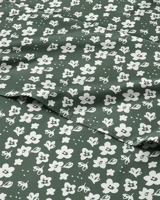 Twin 3 Piece Floral Sheet Set - Soft, Breathable & Cooling - Green Meadow | 1 Flat, 1 Fitted & 1 Pillowcase w/ Deep Pockets, Boho Botanical Floral Bedding, Breathable & Cooling, Wrinkle & Fade Free