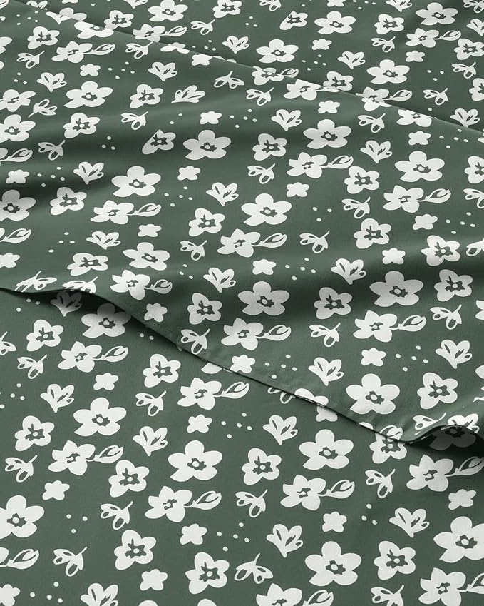Queen 4 Piece Floral Sheet Set - Soft, Breathable & Cooling - Green Meadow | 1 Flat, 1 Fitted & 2 Pillowcases w/ Deep Pockets, Boho Botanical Floral Bedding, Breathable & Cooling, Wrinkle & Fade Free