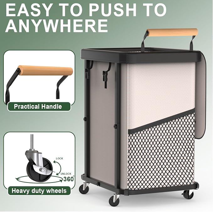 150L Laundry Basket with Wheels,Rolling Basket Hamper with Lid&Handle White | Laundry Organizer Storage Cart with Heavy Duty Sturdy Metal Frame for Home, Hotel, Laundry Room
