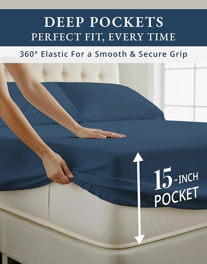 LANE LINEN Full Bed Sheets 100% Egyptian Cotton Sateen - Estate Blue | Full Sheets - 4-Piece Set, For A Luxurious Night's Sleep, For Guests And Everyday Use, Long-Staple Egyptian Cotton