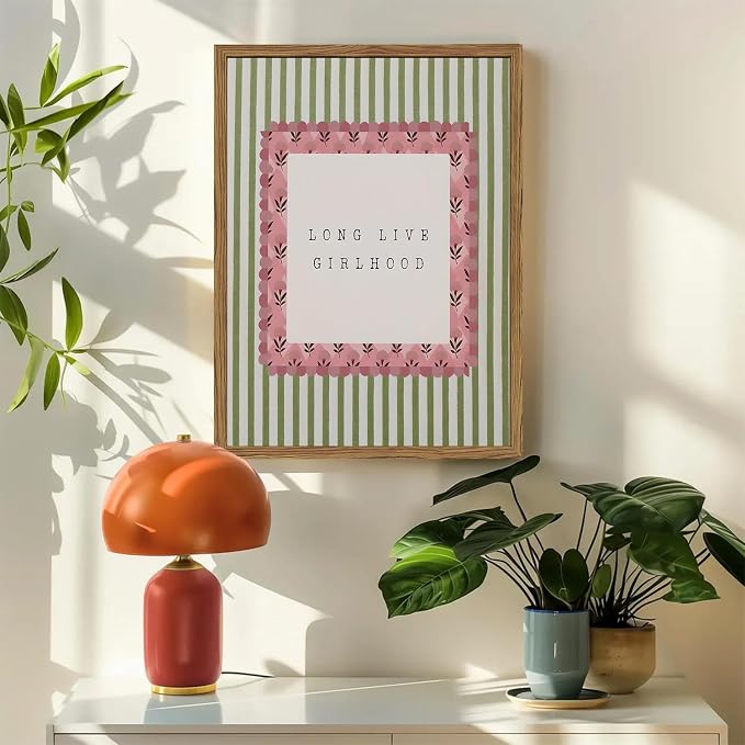 Long Live Girlhood Wall Art Vintage Girl Nursery Wall Decor Picture, Pink and Green Striped Baby Girls Poster Canvas Print Painting Artwork for Living Room Bedroom 12x16 inch Wood Framed