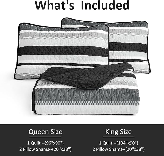 WONGS BEDDING Striped Quilts King Size Set, Black Lightweight Bedspread | Lightweight Microfiber Coverlet, Breathable All-Season, Machine Washable, 3-Piece Set 110"x90", Great for Men Boys Dorm Room