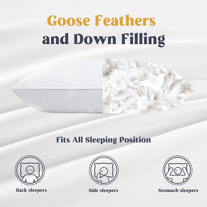 puredown® Goose Feathers and Down White Pillows with 100% Soft Cotton Cover, Bed Sleeping Hotel Collection Pillows Set of 2 King Size