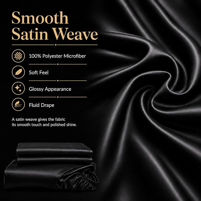 CozyLux Satin Sheets Twin, 3-Piece 14-Inch Deep Pocket Sheet Set | OEKO-TEX Certified Silky Soft Sheet Set for Hair & Skin, Luxurious Silky-Smooth Satin for Elegant Bedroom Decor, Black