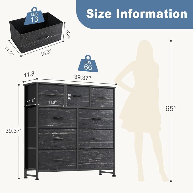 DUMOS 9 Drawer Dresser for Bedroom, Storage Organizer Chest of Drawers | Fabric Bins Storage Tower with Sturdy Metal Frame, Wood Tabletop for Closet, Black Wood