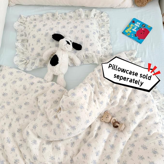 Muslin Cotton Kids Duvet Cover with Ruffles for Toddler Bed/Crib Comforter/Quilt Cover Shabby Chic Blue Freesia Print Toddler Duvet Cover Girls Boys, 47"x59", No Pillow Cases
