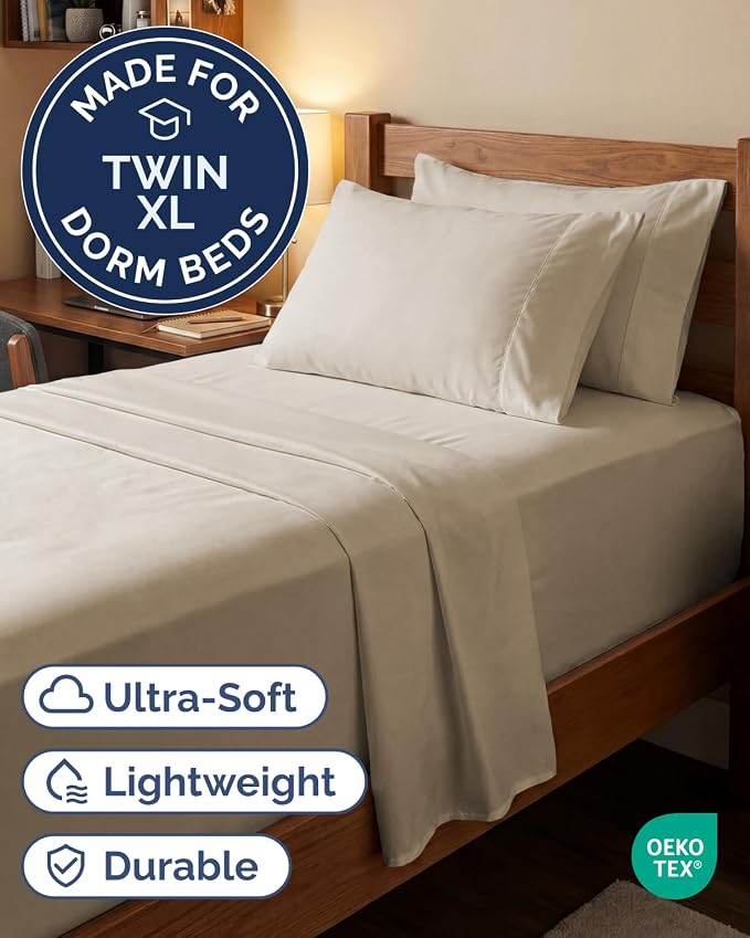 Extra Deep Twin XL Sheet Set - 4 Piece College Dorm Room - Wheat | College Dorm Room Essentials, Easy & Secure Fit, Ultra-Soft, Wrinkle & Fade Free, Comfy Sheets Set with Extra Deep Pockets