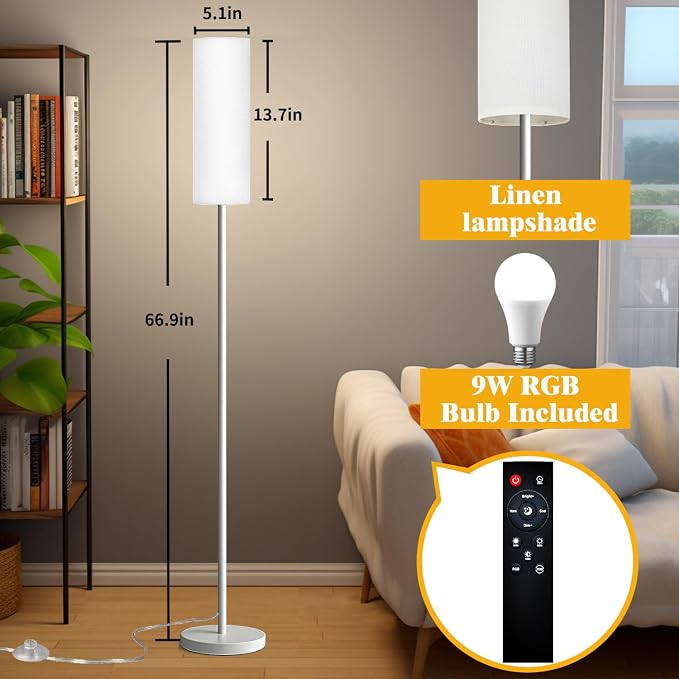 Qaubauyt Smart LED Floor Lamp with APP Control & RGB Colors - Dimmable Standing Lamp for Living Room, Bedroom, Gaming - Remote, Timer, 9W Bulb Included, 67" Modern Tall Lamp (White)