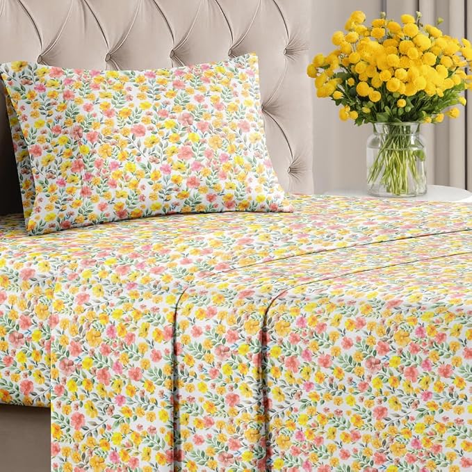 Twin 3 Piece Floral Sheet Set - Breathable & Cooling - Sun Kissed Bloom | 1 Flat, 1 Fitted & 1 Pillowcase w/ Deep Pockets, Boho Botanical Floral Bedding, Breathable & Cooling, Wrinkle & Fade Free