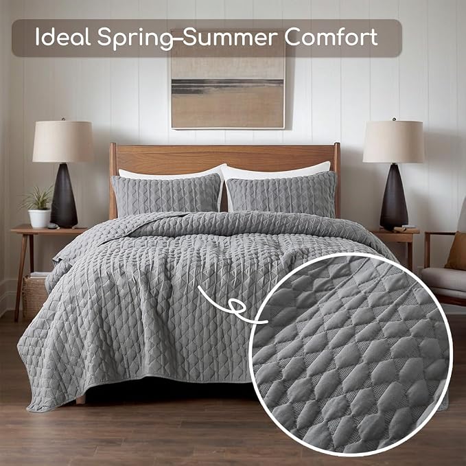 WDCOZY Dark Grey Quilt Queen Size Bedding Sets with 2 Pillow Shams, Lightweight Soft Bedspread Coverlet, Quilted Blanket Thin Comforter Bed Cover, All Season Spring Summer, 3 Pieces, 90x90 inches