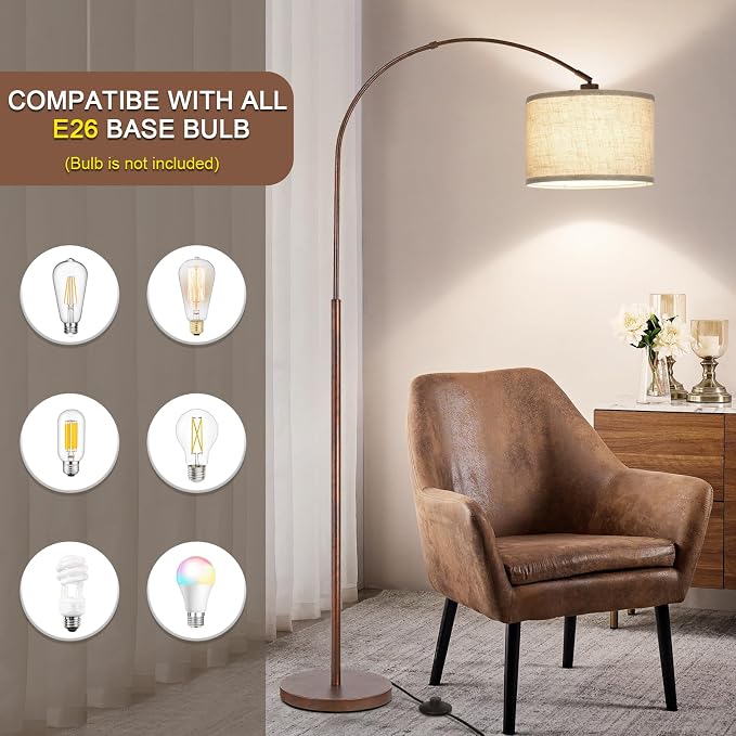 Floor Lamp for Living Room, Vintage Arc Floor Lamp with Adjustable Lamp Head, Tall Pole Lamp with On/Off Pedal Switch, Over Couch Arched Reading Light for Bedroom, Office, Study Room (Antique Bronze)