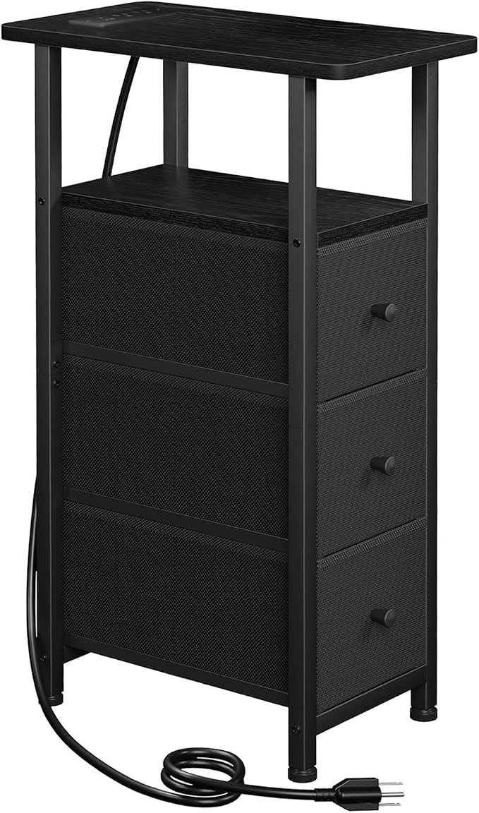 LOAKEKEL Narrow End Table with Charging Station, Small Nightstand | Skinny Side Tables Living Room with 3 Fabric Drawers, Slim Bedside Table for Bedroom, Small Spaces, Couch, Black