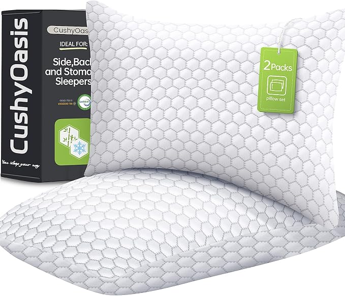 CushyOasis Cooling Pillow for Sleeping, Pillows King Size Set of 2, Gray | CertiPUR-US Shredded Memory Foam Pillows, Cool Bed Pillow for Hot Sleepers, Adjustable Firm for Side, Back, Stomach Sleepers