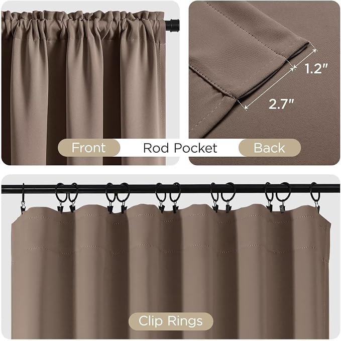 CUCRAF Khaki Blackout Curtains 72 inch Length 2 Panels Set, Rod Pocket Room Darkening Drapes for Bedroom Living Room, Insulated Thermal Light Blocking Window Curtain (W52 x L72 Inch)