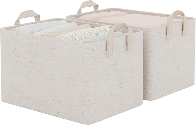 StorageWorks Linen Closet Organizers, Fabric Storage Bin, Beige, 2-Pack | Large, With Reinforced PU Handles, Metal Frame, Collapsible, Basket for Shelves, Closet, Holds Clothes, Towels, Blankets