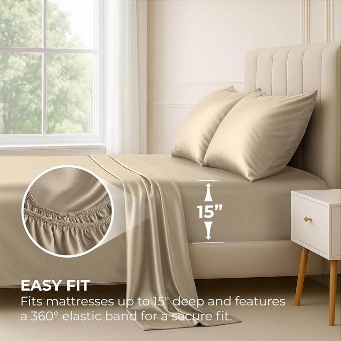 Satin Sheets Queen [4-Piece, Champagne Gold] Hotel Luxury Silky Bed Sheets - Extra Soft 1800 Microfiber Sheet Set, Wrinkle, Fade, Stain Resistant - Deep Pocket Fitted Sheet, Flat Sheet, Pillow Cases