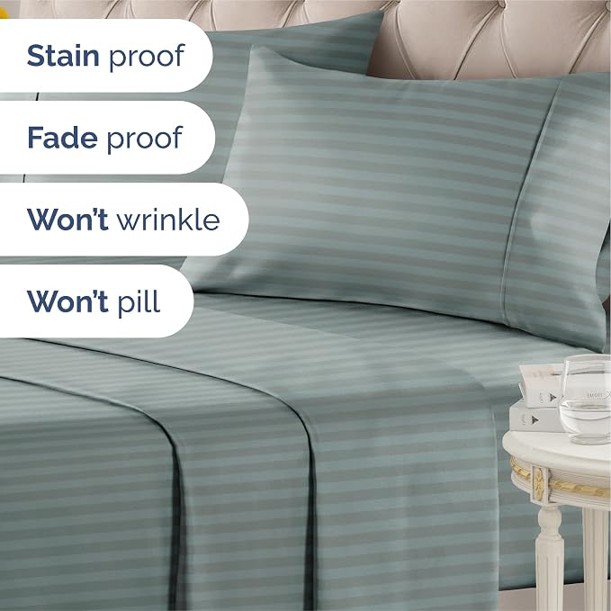 Queen 4 Piece Striped Sheet Set - Breathable & Cooling - Greeny Stripes | 1 Flat, 1 Fitted & 2 Pillowcases w/ Deep Pockets, Luxury Striped Bedding, Soft, Breathable & Cooling, Wrinkle & Fade Free