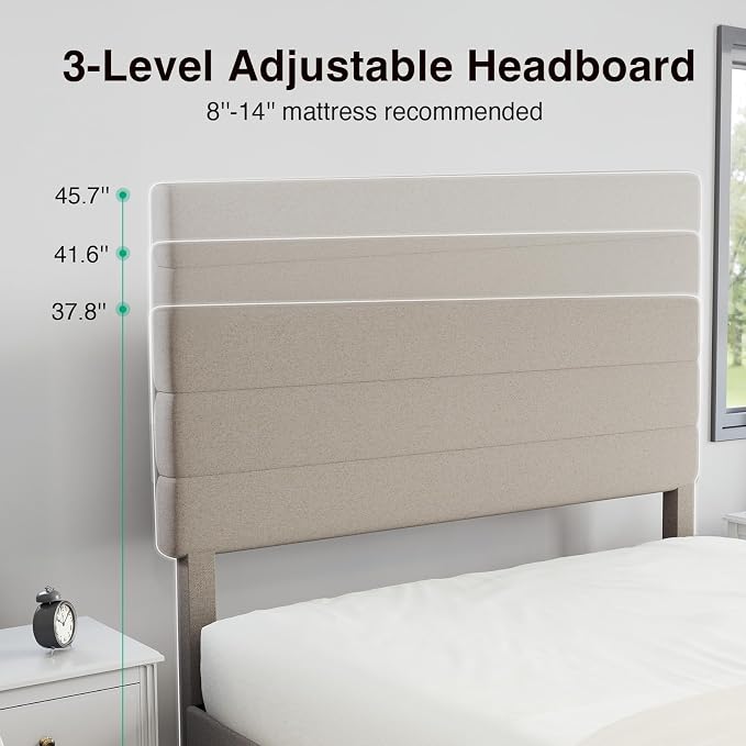 Novilla Full Size Bed Frame with Headboard, Full Bed Frame with Wooden Slats Support, Linen Upholstered Stripe Headboard, No Box Spring Needed, Heavy Duty Feet, Easy Assembly, Beige