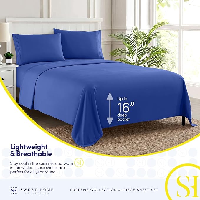 Twin XL Sheets - Breathable Luxury Sheets with Full Elastic & Secure Corner Straps Built In - 1800 Supreme Collection Extra Soft Deep Pocket Bedding Set, Sheet Set, Twin XL, Royal Blue