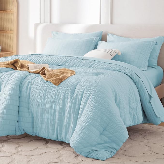 7 Pieces Queen Comforter Set, Seersucker Bed in a Bag Queen Size, All Season Luxury Bedding Set with Comforter, Flat Sheet, Fitted Sheet, Pillowcases & Shams, Lake Blue
