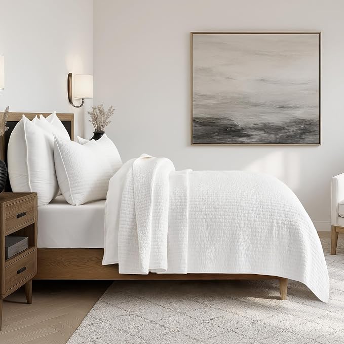 100% Cotton Cross Stitch 3-Piece Quilt Set, Queen, Bright White | 100% Cotton, Elegant Cross Stitch, Soft & Breathable, Prewashed Softness, Oversized Design, OEKO-TEX® Certified