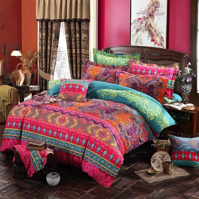 Boho King Size Comforter Set Soft Chic 3 Pieces Bedding Queen Comforter Set Lightweight Exotic Red Teal Bohemian Mandala Colorful Vintage Comforter Bed Set for All Seasons (King, Boho)