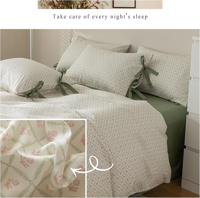 mixinni Red Floral Duvet Cover Set Full Size - 100% Cotton Green Grid Bedding with Bow Ties, 3PC Cottagecore Comforter Cover (1 Duvet Cover + 2 Pillowcases) Vintage Garden Style Soft Aesthetic