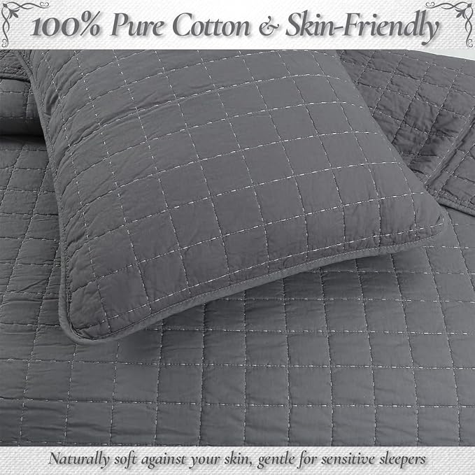 Cozy Line Home Fashions 100% Cotton Quilt Set – 3-Piece Charcoal Gray Solid Classic Modern Geometric Quilted Bedspread with Shams, Lightweight All Season Modern Bedding (Box Gray, Queen)