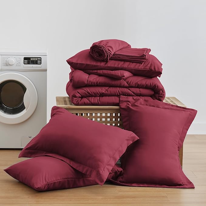 Love's cabin Queen Comforter Set Burgundy, 7 Pieces Queen Bed in a Bag, All Season Bedding Sets with 1 Comforter, 1 Flat Sheet, 1 Fitted Sheet, 2 Pillowcase and 2 Pillow Sham
