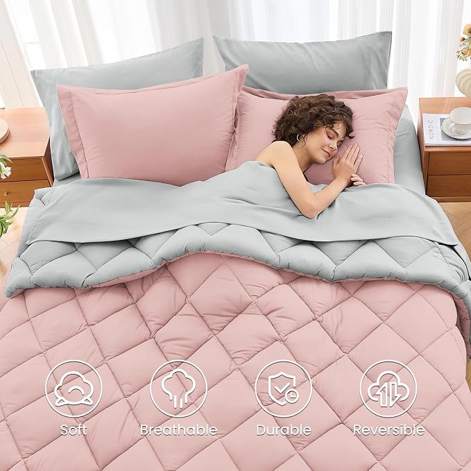 7 Pieces King Comforter Set, Reversible Bed in a Bag King Size, All Season Bedding Set with Comforter, Flat Sheet, Fitted Sheet, Pillowcases & Shams, Pink & Light Grey