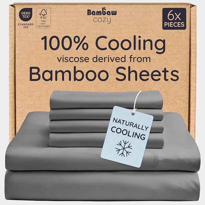 Bambaw 100% Viscose Derived from Bamboo Sheets Queen Size Set – 6pcs Deep Pocket Cooling Queen Sheets, Fits Up to 16'' with Elastic Corner Straps, Buttery Soft Sheets Queen (Dark Gray)