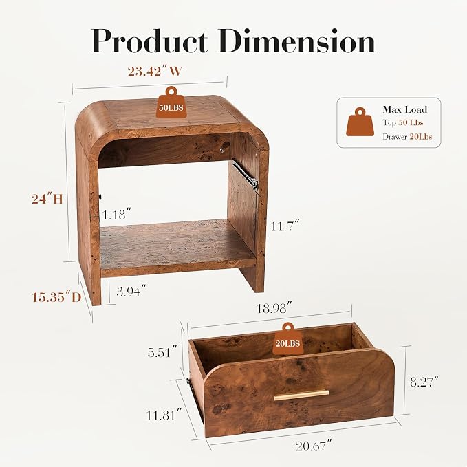 Night Stand Set of 2 [Unique Curved Profile] [FSC-Certified Wooden Board] 1-Drawer and 1 Storage Shelf Nightstand 24" H Metal Handle Modern Bedside Table Side Table End Table | [Curved Profile] [FSC-Certified Wooden Board] Nightstand 24" H Metal Handle...