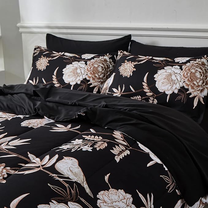 Yogeneg 7 Piece Bed in a Bag Kingsize Comforter Set Botanical Floral Bedding Set,Flower Leaf Brid Printed on Black Reversible Design,Soft Microfiber Comforter with Sheet Set,All Season(Black B,King)