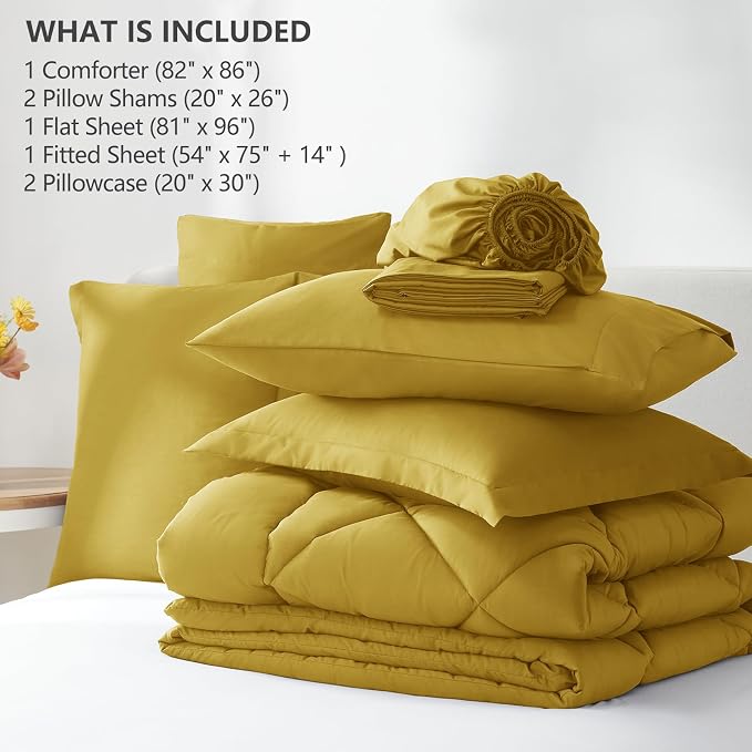 Full Size Comforter Sets Mustard Yellow - 7 Pieces Bed in a Bag | OEKO-TEX Certified, All Season, 240GSM Down-Alternative Comforter, Sheets, Pillowcases & Shams, 14" Deep Pocket, Easy Care