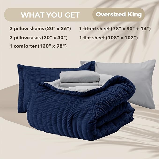 HYMOKEGE Navy Blue/Light Grey Oversized King Comforter Set Seersucker 7 Pieces, All Season Luxury Bed in a Bag for Bedroom, Bedding Set with Comforter, Sheets, Pillowcases & Shams