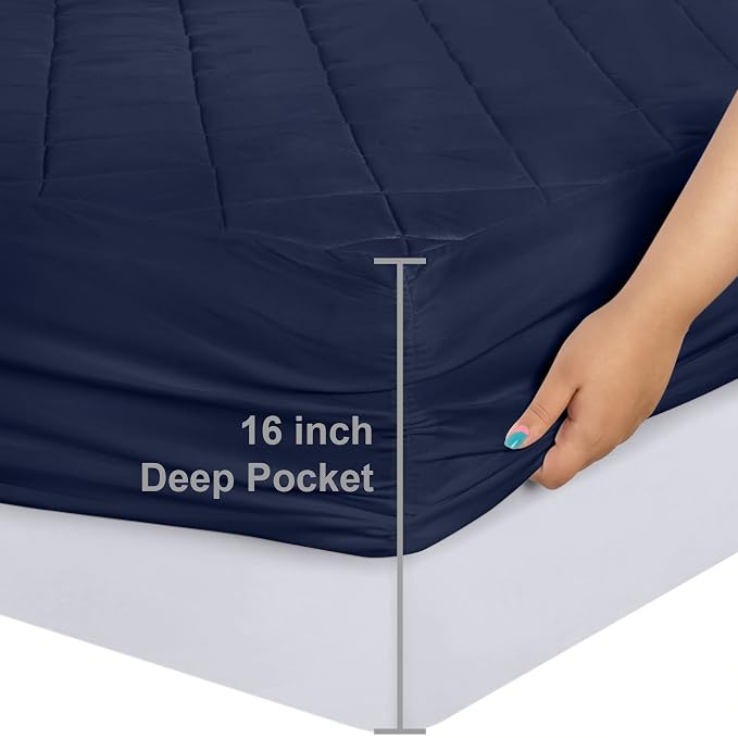 Quilted Fitted Mattress Pad, Queen Mattress Protector Topper with Deep Pocket Stretches up to 16 Inches, Machine Washable Mattress Cover by Utopia Bedding (Navy) | Soft Breathable Fitted Mattress Cover, Noiseless, Deep Pockets & Machine Washable for Ho...
