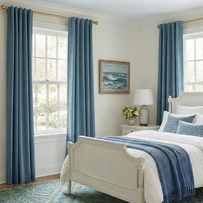 INOVADAY 100% Blackout Linen Curtains for Bedroom 50x108 Inches Slate Blue | Linen Textured, Light Blocking, Room Darkening, Thermal Insulated, Back Tab Top, Window Curtains for Living Room, 2 Panels