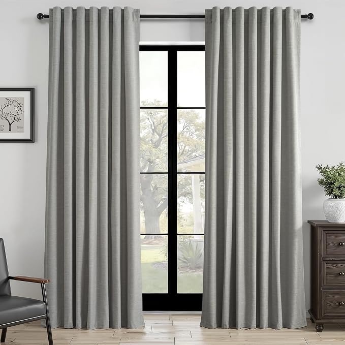 Topfinel 92 Inch Linen 100% Blackout Curtains 2 Panels for Living Room Bedroom Thermal Insulated Total Black Out Linen Drapes with Back Tab Room Darkening Charcoal Grey Window Curtains 52x92