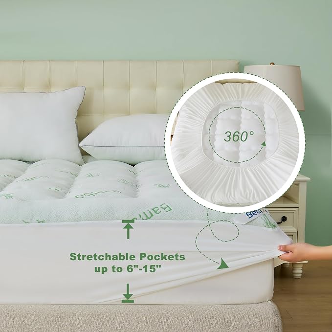 BEDLORE Full Size Mattress Topper Viscose Bamboo, Pillow Top Mattress Pad | Stretchable Pockets Fit 6"-15" Mattress, Soft Breathable Thick Mattress Topper for Back Pain Relief & Hot Sleepers(Green)