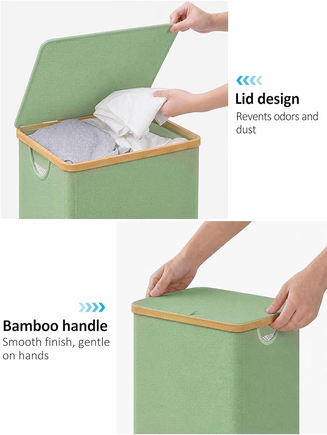 IEGrow Laundry Hamper with Lid,110L Laundry Basket with Mesh Bags,Green | Dirty Clothes Hamper Basket with Bamboo Handle for Clothes Towels