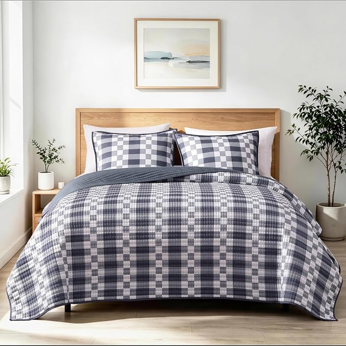 King Quilt-Lightweight Bedspread Plaid Quilt King Size Quilt Bedding Set | Navy Reversible Neutral Coverlet with 2 Shams for All Seasons, Suitable for Bed, Couch, 3 Pieces, 106"x94"