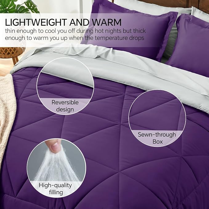 BEDELITE Full Comforter Set 7 Pieces, Reversible Purple Bed in A Bag | Soft All Season Down-Alternative Comforter, Sheets, Pillowcases & Shams, OEKO-TEX Certified Bedding for Bedrrom, Guest Room