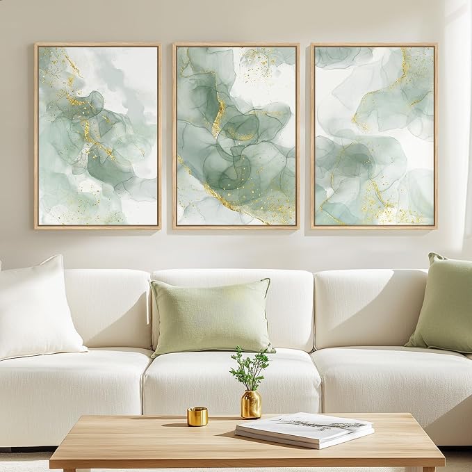 Large Framed Sage Green Gold Abstract Wall Art, 3 Piece Set, Each 20x30 In | Green gold pictures, Canvas print, Wood frame, Modern painting, Minimalist artwork, Wall decor for living room bedroom dining