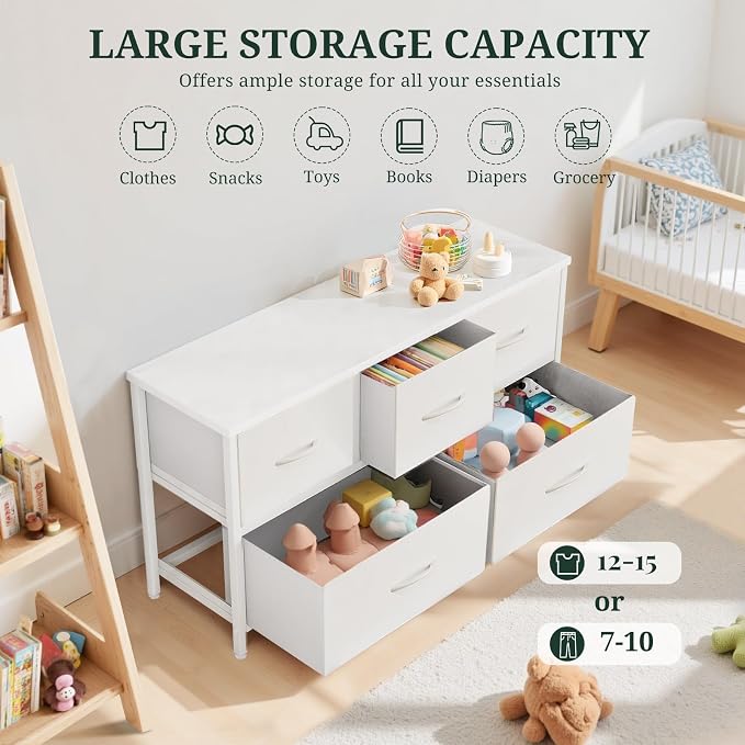5-Drawer Dresser for Bedroom, Anti-Tip Wide Storage Organizer Fabric | Chest of Drawers TV Stand for 45" TV with Wooden Top and Metal Frame for Closet, Living Room, Hallway, Entryway, White