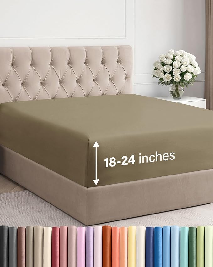 Extra Deep Cal King Fitted Sheet - Single Fitted Sheet Only - Khaki | Easily Fits 18 inch to 24 inch Mattress, Soft, Wrinkle Free, Breathable & Comfy, Extra Deep Pockets Hotel Luxury Fitted Sheet